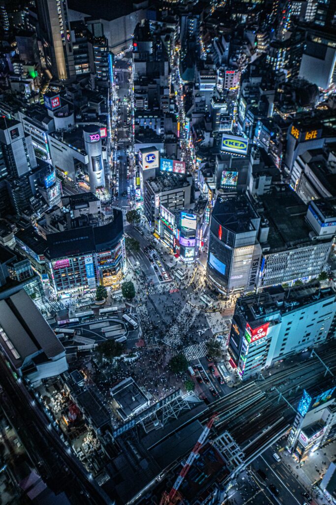 Aerial View of Shibuya in Tokyo, Japan at Night